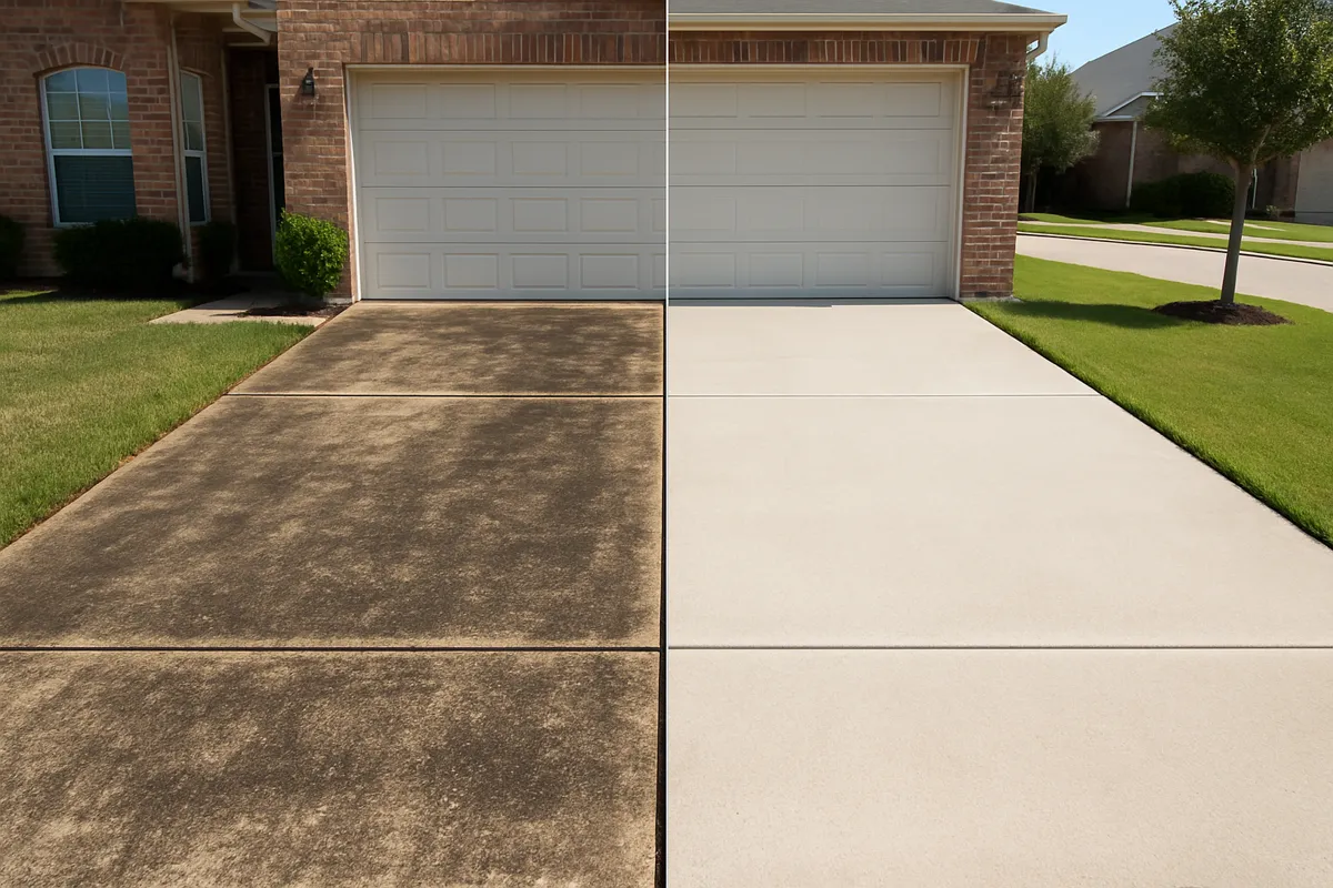 Before and after pressure washing a stained concrete driveway in Victoria, TX