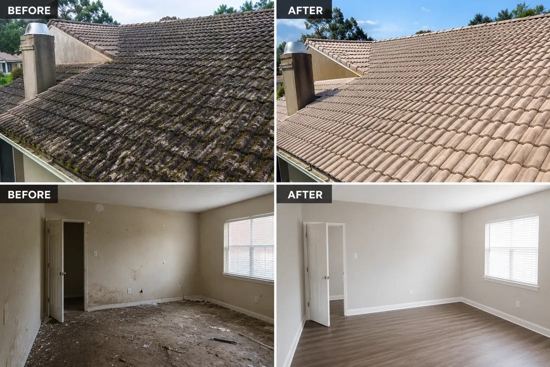 Before and after β roof soft wash and a full interior move-out cleaning of a home in Victoria, TX